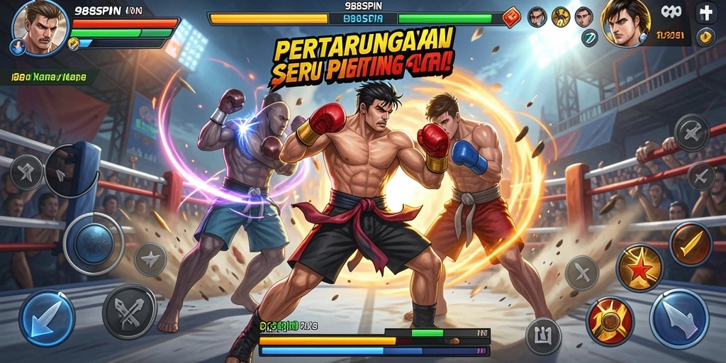 Screenshot 988SPIN menampilkan adegan pertarungan dramatis antar karakter.