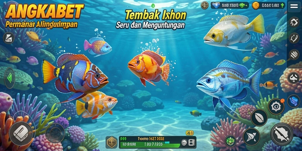 Tampilan gameplay seru dari ANGKABET dengan berbagai ikan dan senjata.