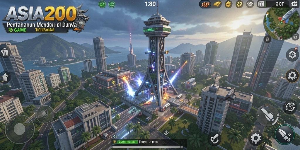 Tampilan gameplay ASIA200 dengan pertempuran menara yang mendebarkan.