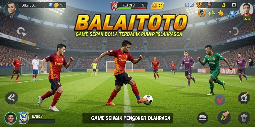 Screenshot utama BALAITOTO menampilkan aksi seru di lapangan sepak bola.