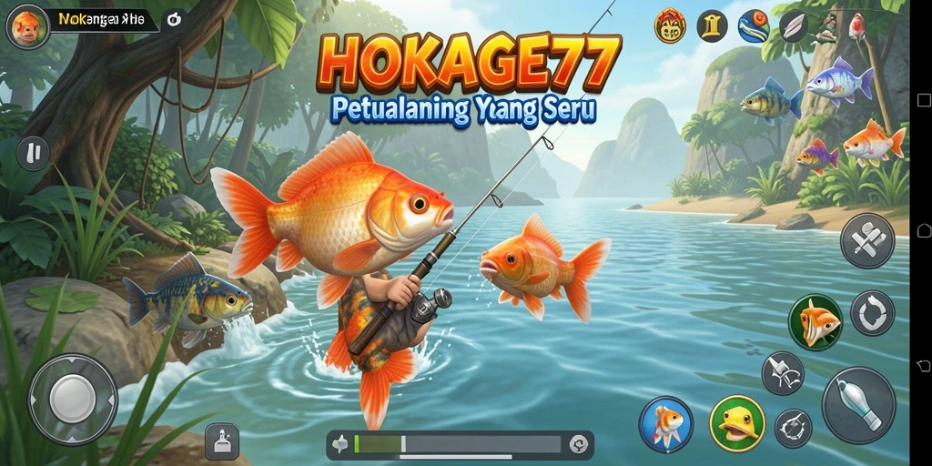 Screenshot HOKAGE77 menampilkan pemain sedang memancing di danau indah.