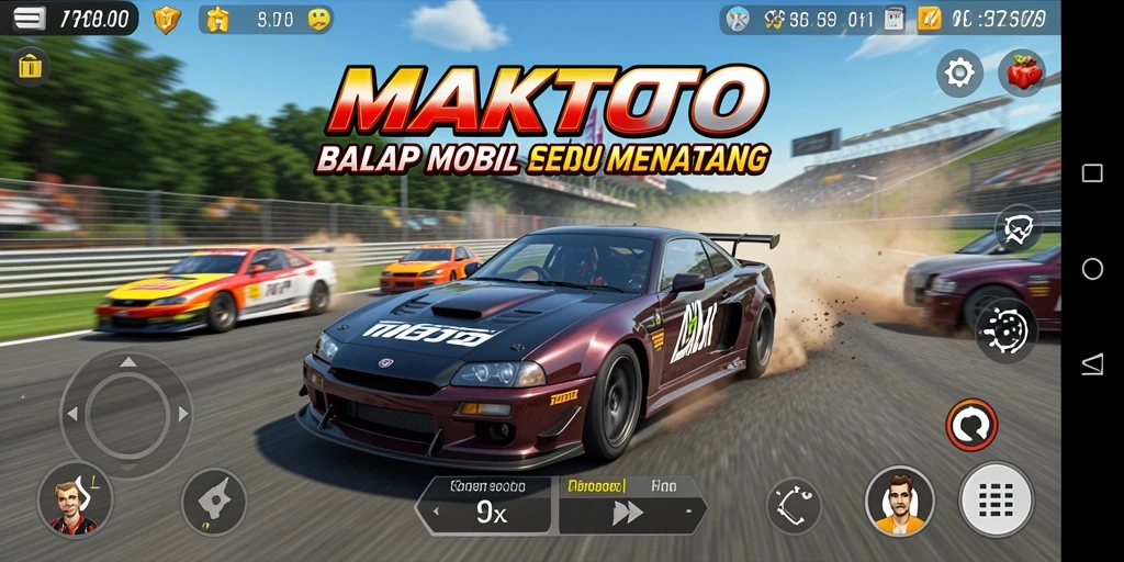 Screenshot gameplay MAKTOTO menampilkan aksi balap yang seru di lintasan.
