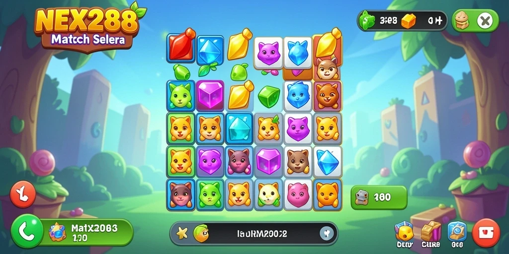 Screenshot gameplay NEX288 menampilkan kombinasi permata yang warna-warni.