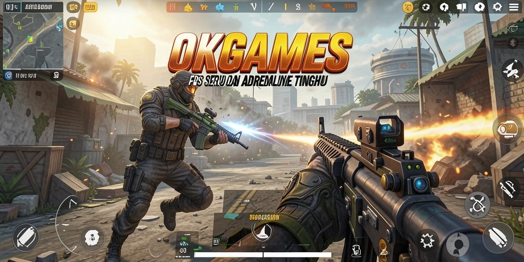 Screenshot gameplay OKGAMES menampilkan aksi menarik dalam pertempuran FPS.