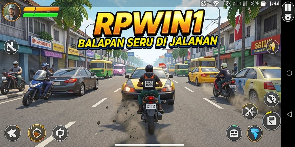 Screenshot gameplay RPWIN1 menunjukkan aksi balapan seru dan mendebarkan.